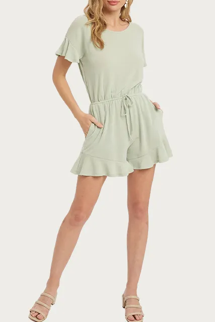 DRAWSTRING-WAIST RUFFLED TERRY ROMPER