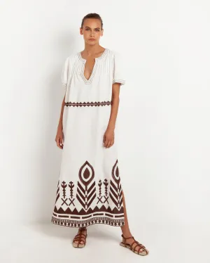 DRESS NERVIR FEATHER CHEVRON SHORT SLEEVES - WHITE/BROWN