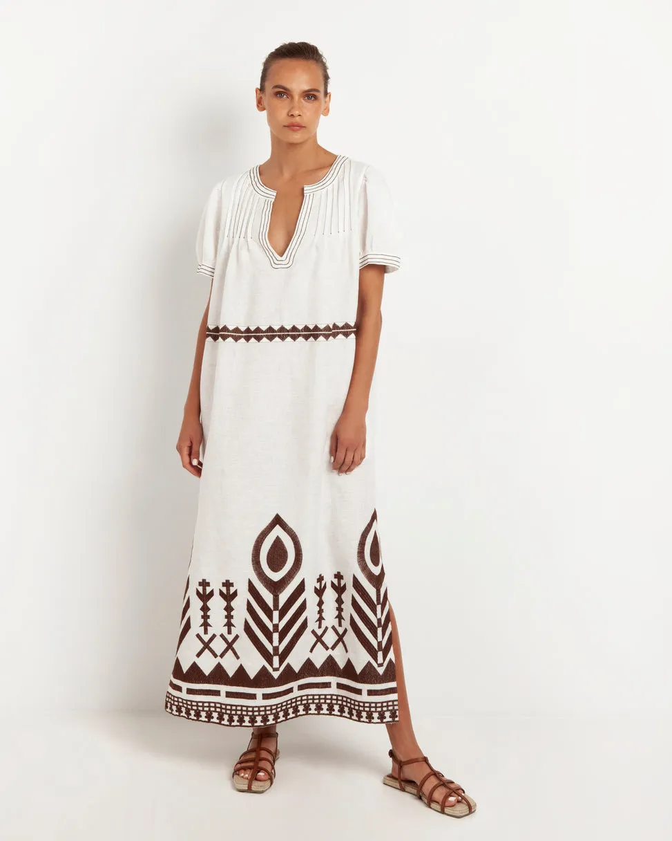 DRESS NERVIR FEATHER CHEVRON SHORT SLEEVES - WHITE/BROWN