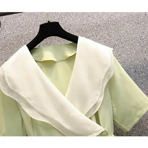 Dress Women's Summer Large Size Lapel Temperament V-neck Ruffled French Hepburn Dress