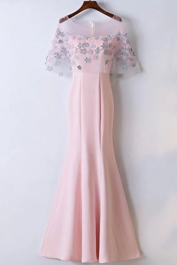 Elegant Pink Round Neck Short Sleeves Satin Lace Applique Long Prom Dress OK649