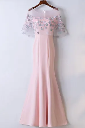 Elegant Pink Round Neck Short Sleeves Satin Lace Applique Long Prom Dress OK649