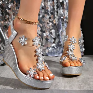 Elegant Rhinestone Floral Wedge Sandals