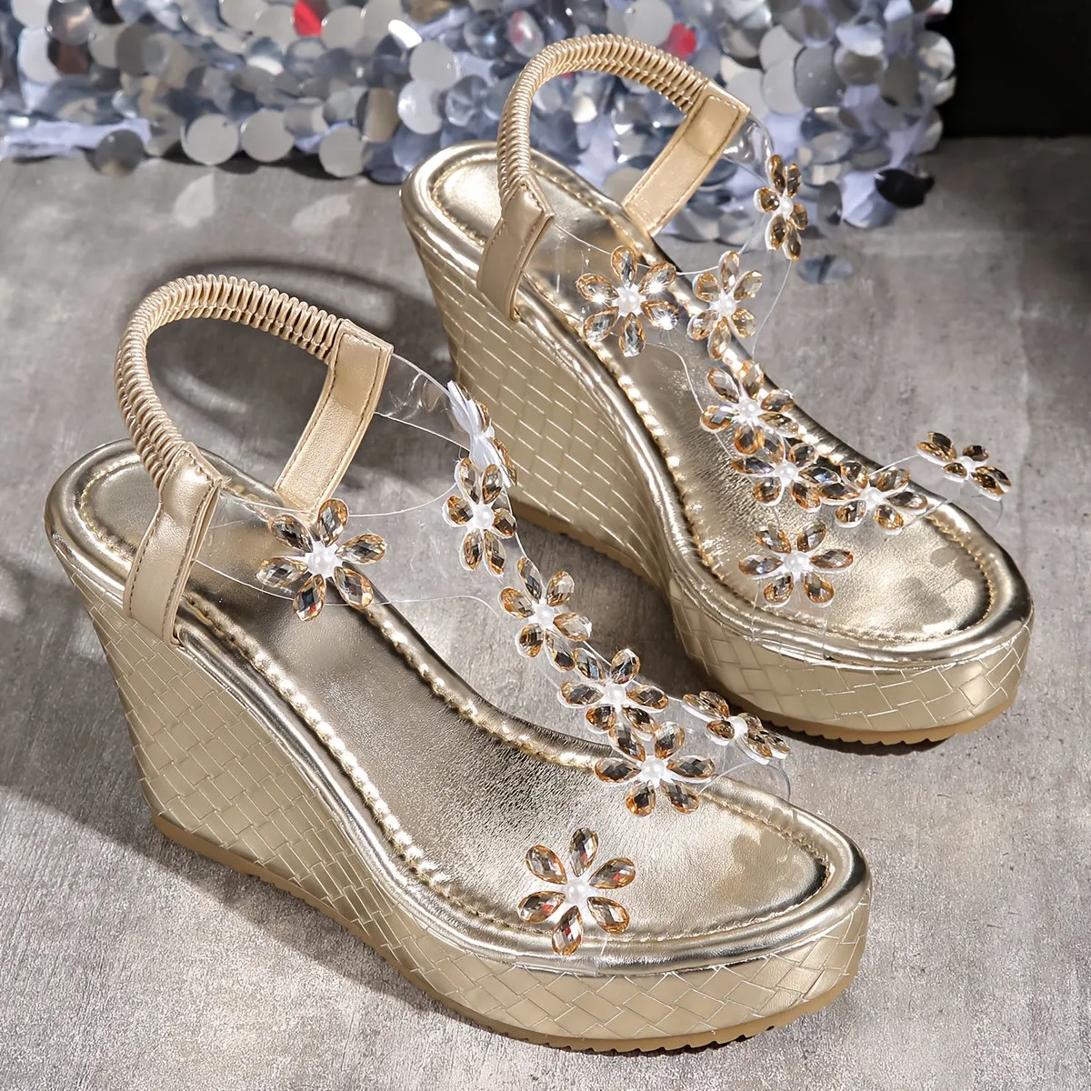 Elegant Rhinestone Floral Wedge Sandals