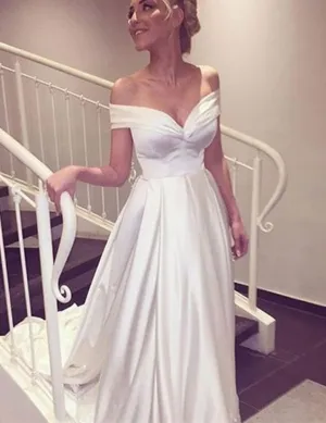 Elegant V-neck Cap Sleeves Satin Wedding Dress Bride Gown,wedding dresses,White Satin Off Shoulder Prom/Evening Dress