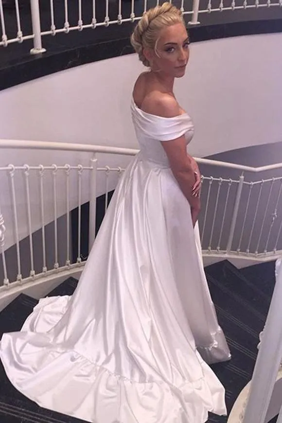 Elegant V-neck Cap Sleeves Satin Wedding Dress Bride Gown,wedding dresses,White Satin Off Shoulder Prom/Evening Dress