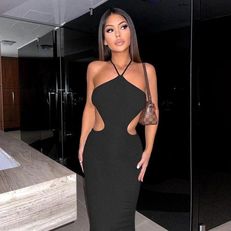 European and American Style New Spring and Summer New Women's Clothing Sexy Backless Lace up Halter Sheath Slim Temperament Dress Women