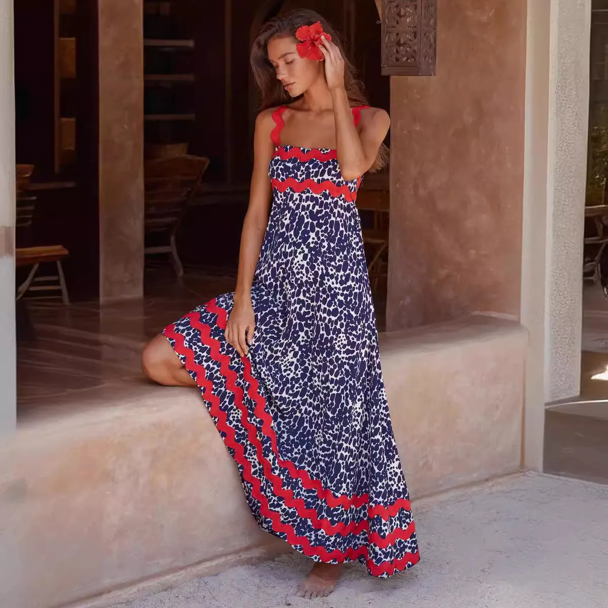 European and American Women's Clothing 2025 Spring/Summer New Suspender Long Dress Fashion Temperament Printed Long Dress