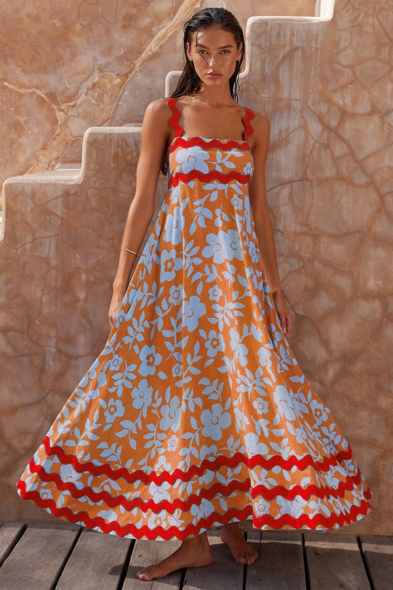 European and American Women's Clothing 2025 Spring/Summer New Suspender Long Dress Fashion Temperament Printed Long Dress