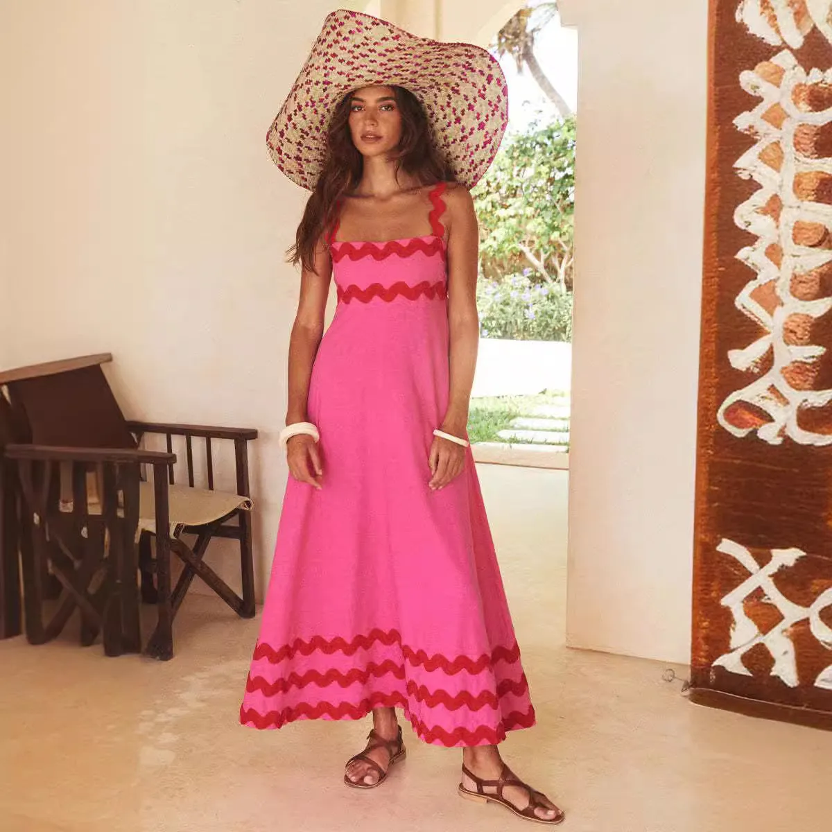 European and American Women's Clothing 2025 Spring/Summer New Suspender Long Dress Fashion Temperament Printed Long Dress