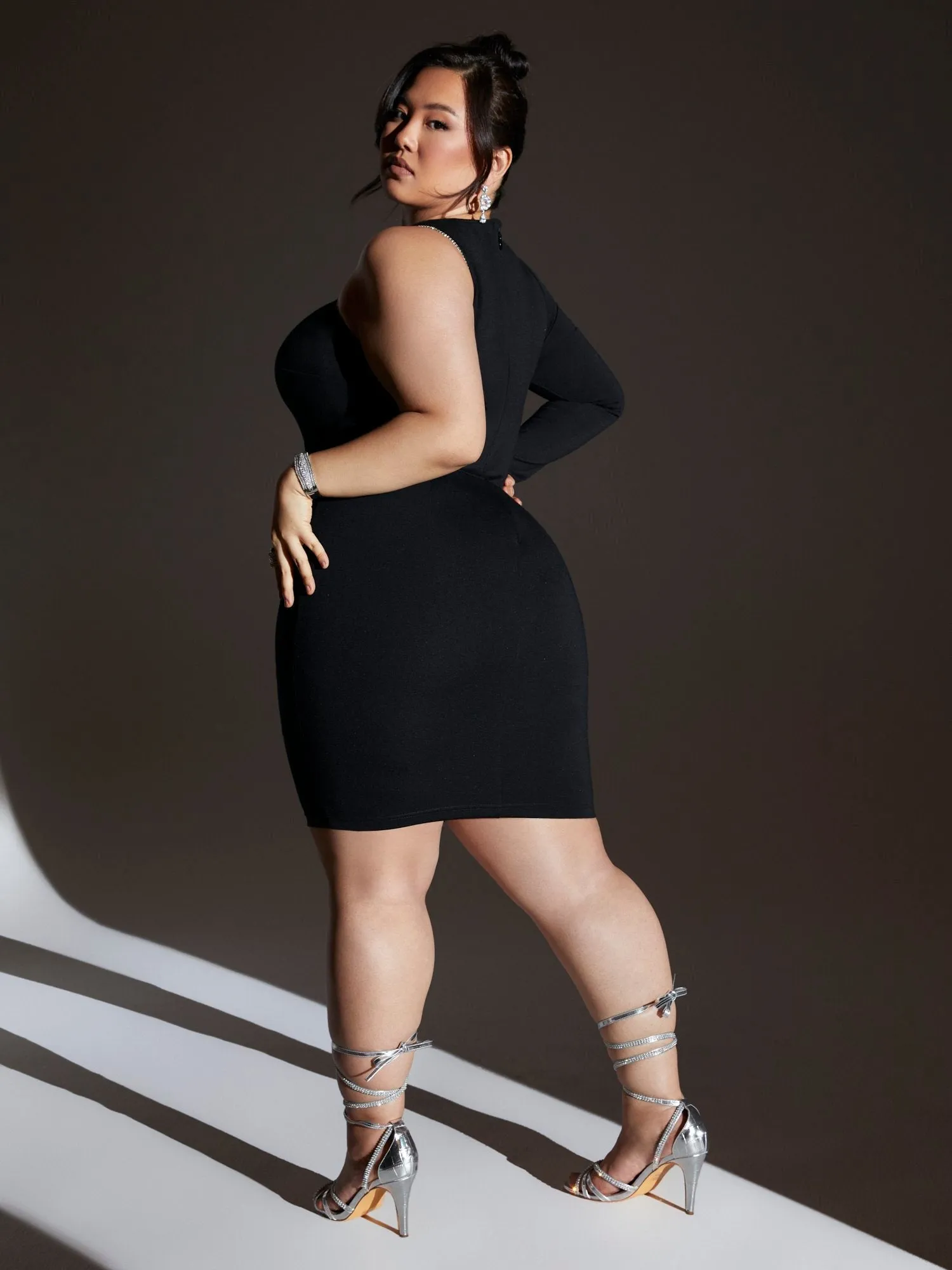 Fashion To Figure - Caryn One Sleeve Rhinestone Trim Bodycon Dress