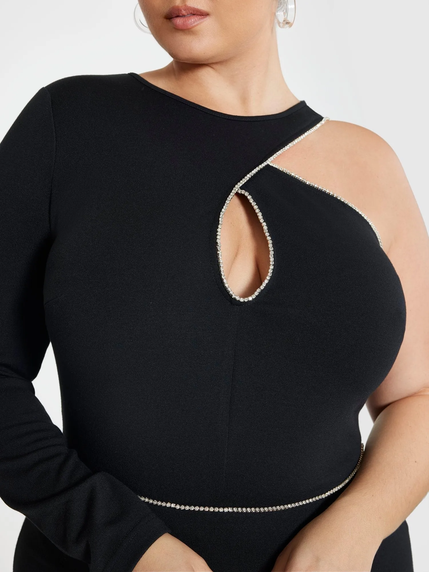 Fashion To Figure - Caryn One Sleeve Rhinestone Trim Bodycon Dress