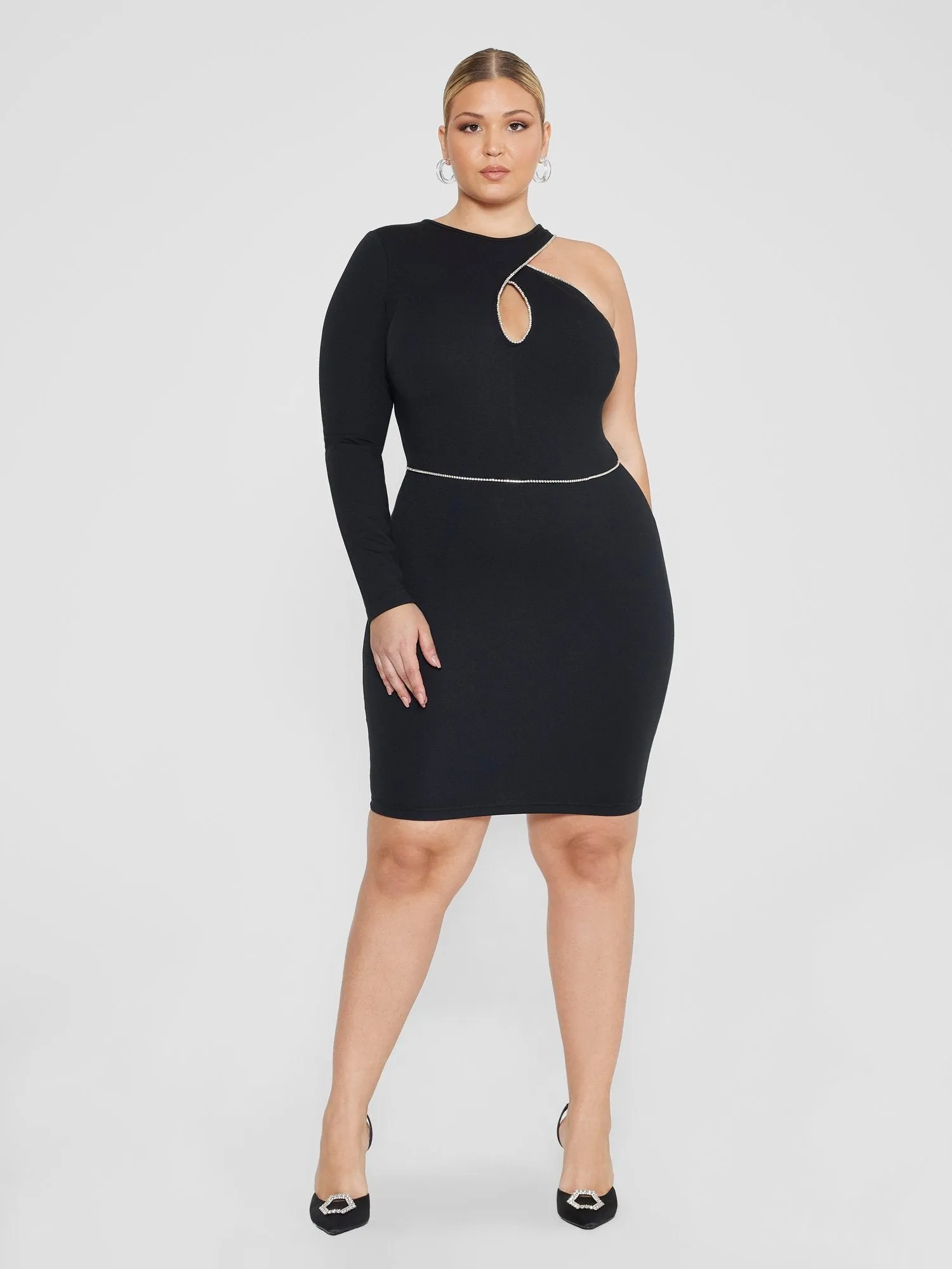 Fashion To Figure - Caryn One Sleeve Rhinestone Trim Bodycon Dress