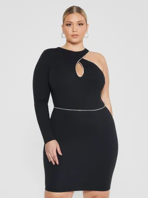 Fashion To Figure - Caryn One Sleeve Rhinestone Trim Bodycon Dress