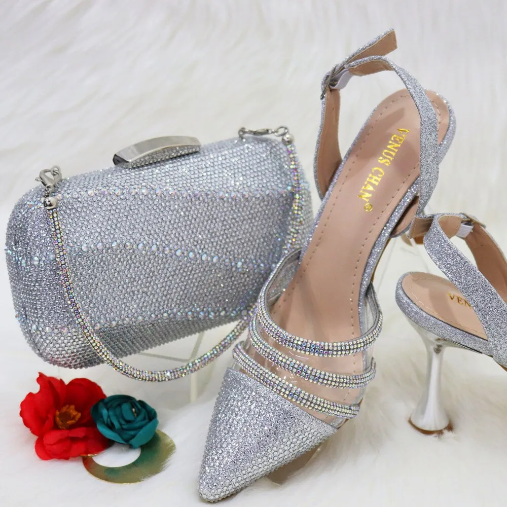 Fashionable New Design CR381 Italian Ladies Shoes and Bag to Match Classics Style Decorate with Rhinestone for Wedding Party