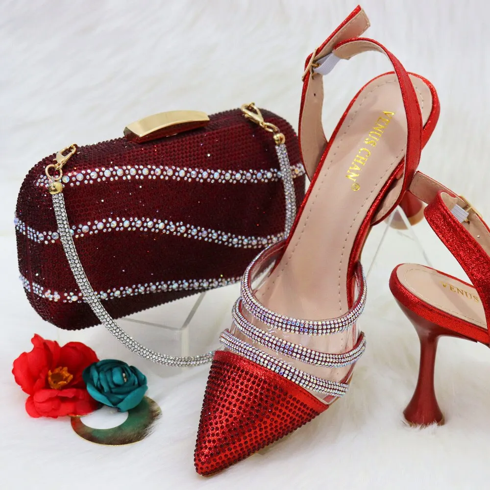 Fashionable New Design CR381 Italian Ladies Shoes and Bag to Match Classics Style Decorate with Rhinestone for Wedding Party