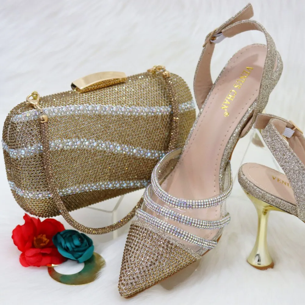 Fashionable New Design CR381 Italian Ladies Shoes and Bag to Match Classics Style Decorate with Rhinestone for Wedding Party