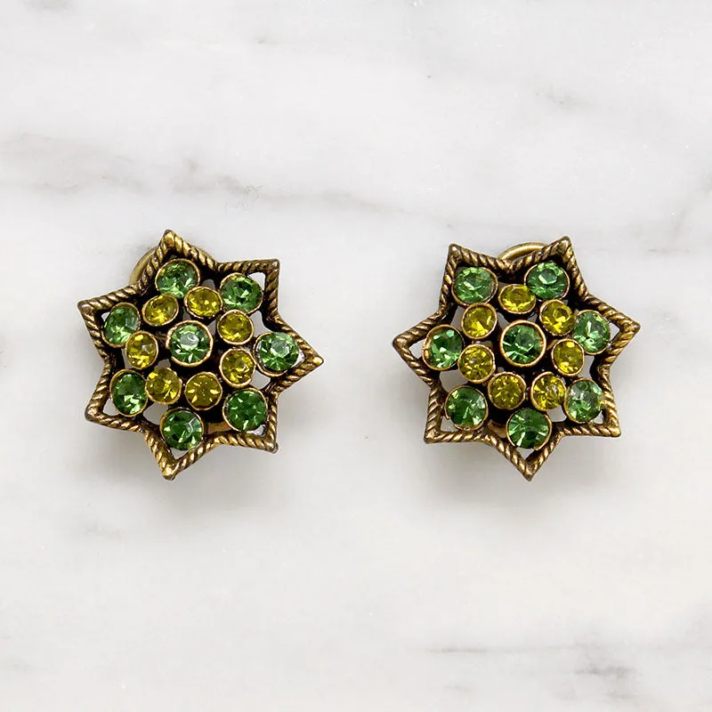 Flashing Green Rhinestone Star Earrings Signed Kramer