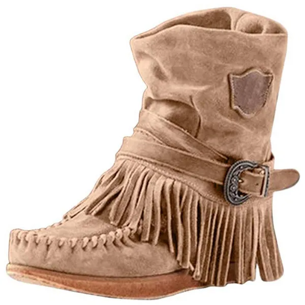 Flat Heels Suede Leather Booties Round Toe Retro Tassel Buckle Ankle Bootie Knight Ankle Bootie