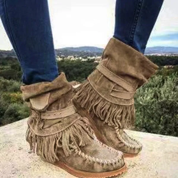 Flat Heels Suede Leather Booties Round Toe Retro Tassel Buckle Ankle Bootie Knight Ankle Bootie
