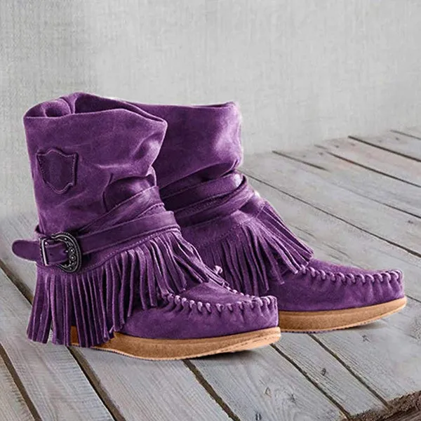 Flat Heels Suede Leather Booties Round Toe Retro Tassel Buckle Ankle Bootie Knight Ankle Bootie