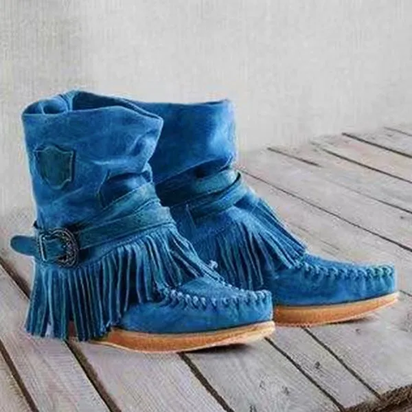 Flat Heels Suede Leather Booties Round Toe Retro Tassel Buckle Ankle Bootie Knight Ankle Bootie
