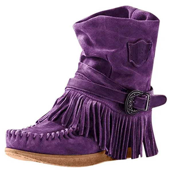 Flat Heels Suede Leather Booties Round Toe Retro Tassel Buckle Ankle Bootie Knight Ankle Bootie