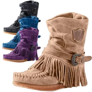 Flat Heels Suede Leather Booties Round Toe Retro Tassel Buckle Ankle Bootie Knight Ankle Bootie