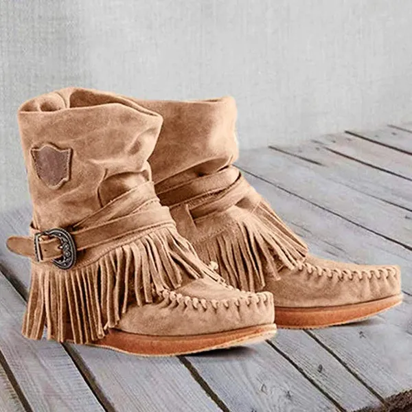 Flat Heels Suede Leather Booties Round Toe Retro Tassel Buckle Ankle Bootie Knight Ankle Bootie