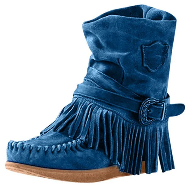 Flat Heels Suede Leather Booties Round Toe Retro Tassel Buckle Ankle Bootie Knight Ankle Bootie