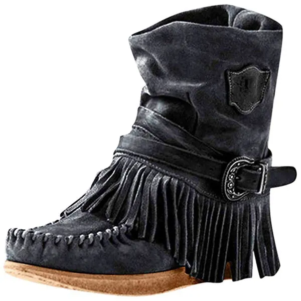 Flat Heels Suede Leather Booties Round Toe Retro Tassel Buckle Ankle Bootie Knight Ankle Bootie