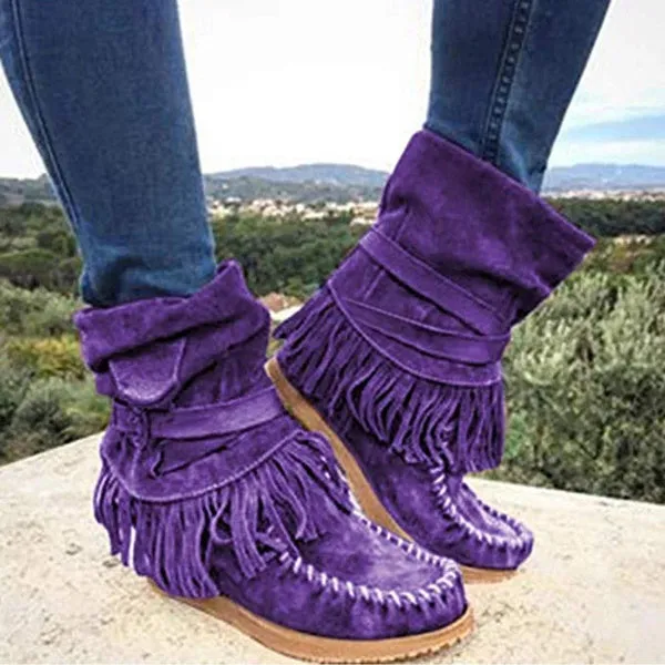 Flat Heels Suede Leather Booties Round Toe Retro Tassel Buckle Ankle Bootie Knight Ankle Bootie