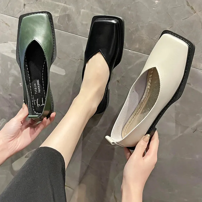 Flat Shoes Square Toe Single - Shoes Simple Temperament Leather Shoes Spring Round Toe Heels Women
