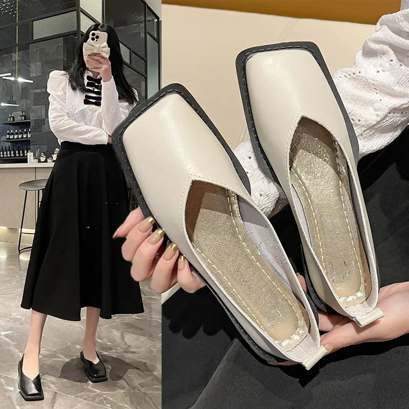 Flat Shoes Square Toe Single - Shoes Simple Temperament Leather Shoes Spring Round Toe Heels Women