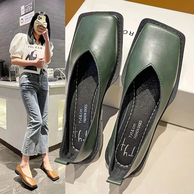 Flat Shoes Square Toe Single - Shoes Simple Temperament Leather Shoes Spring Round Toe Heels Women
