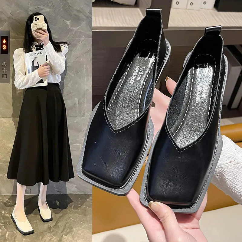 Flat Shoes Square Toe Single - Shoes Simple Temperament Leather Shoes Spring Round Toe Heels Women