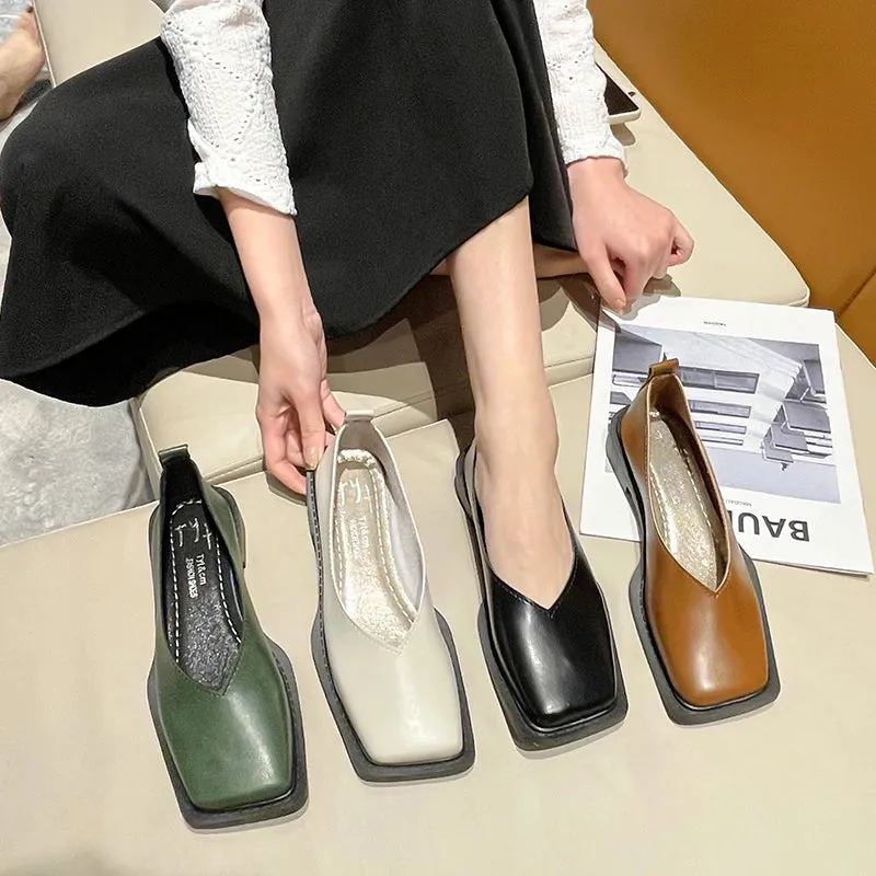 Flat Shoes Square Toe Single - Shoes Simple Temperament Leather Shoes Spring Round Toe Heels Women