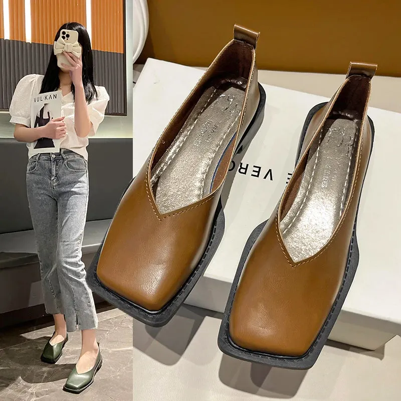 Flat Shoes Square Toe Single - Shoes Simple Temperament Leather Shoes Spring Round Toe Heels Women