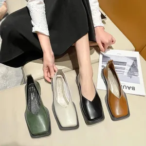 Flat Shoes Square Toe Single - Shoes Simple Temperament Leather Shoes Spring Round Toe Heels Women