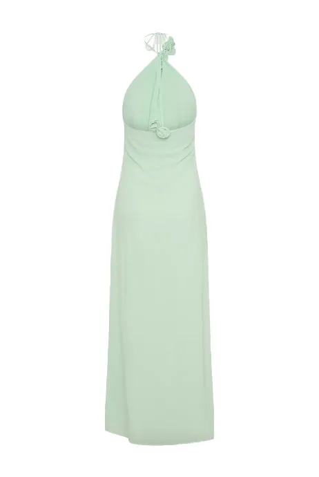 Floral halterneck high collar maxi dress green