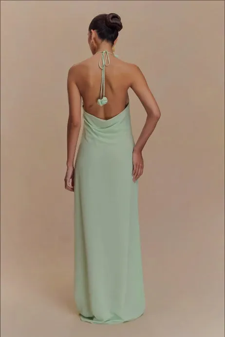 Floral halterneck high collar maxi dress green