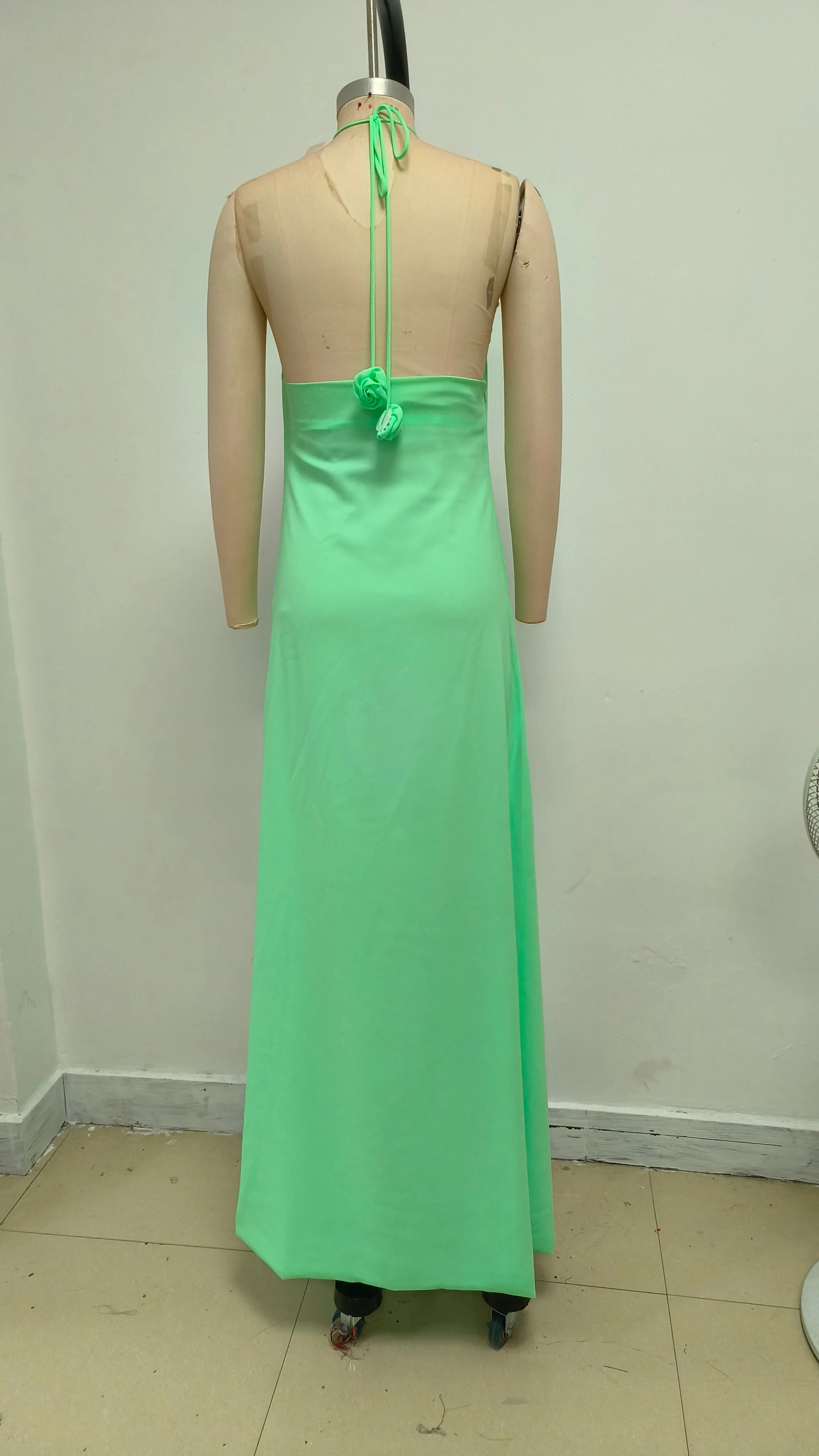 Floral halterneck high collar maxi dress green