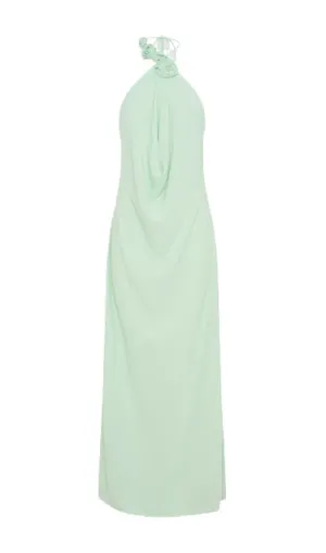 Floral halterneck high collar maxi dress green
