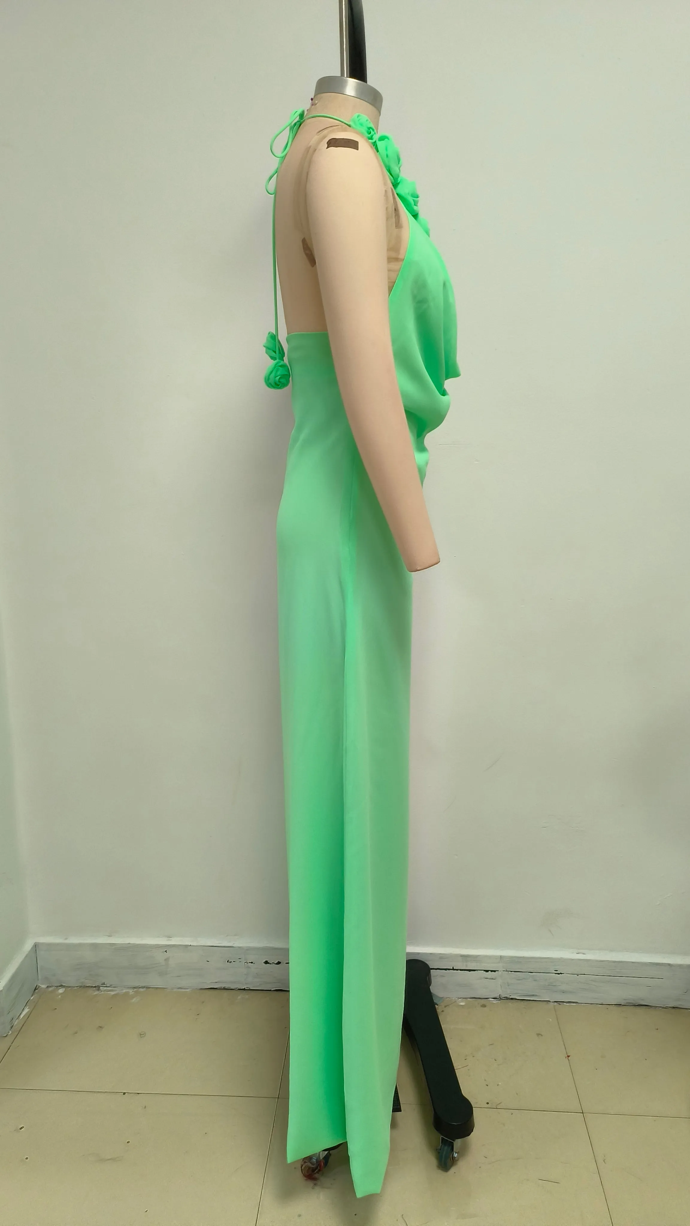 Floral halterneck high collar maxi dress green