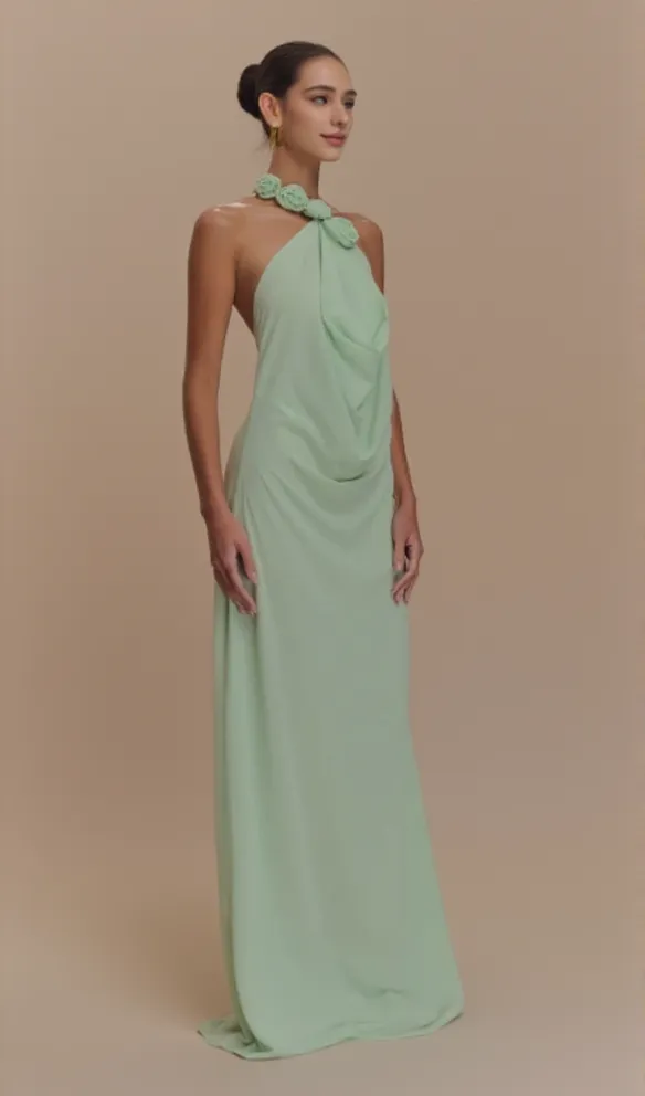 Floral halterneck high collar maxi dress green