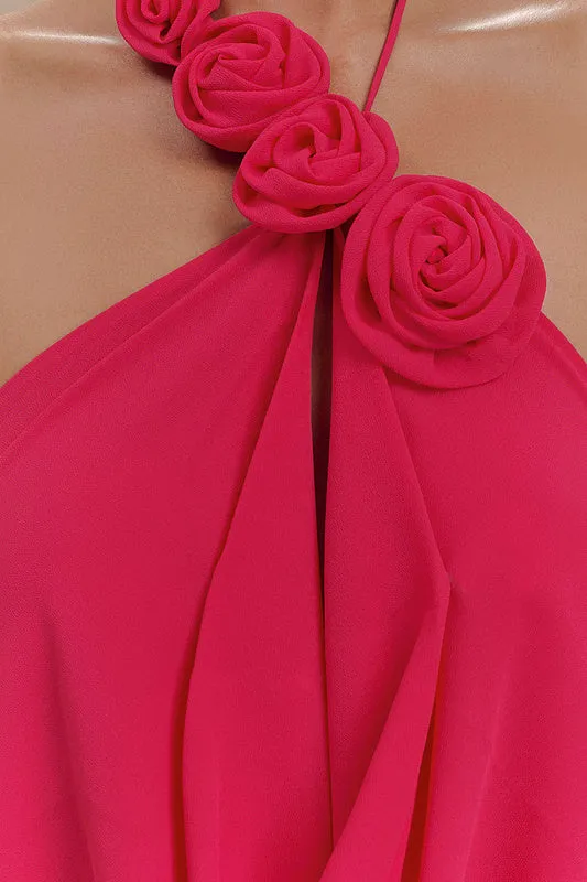 Floral halterneck high collar maxi dress Rose Pink