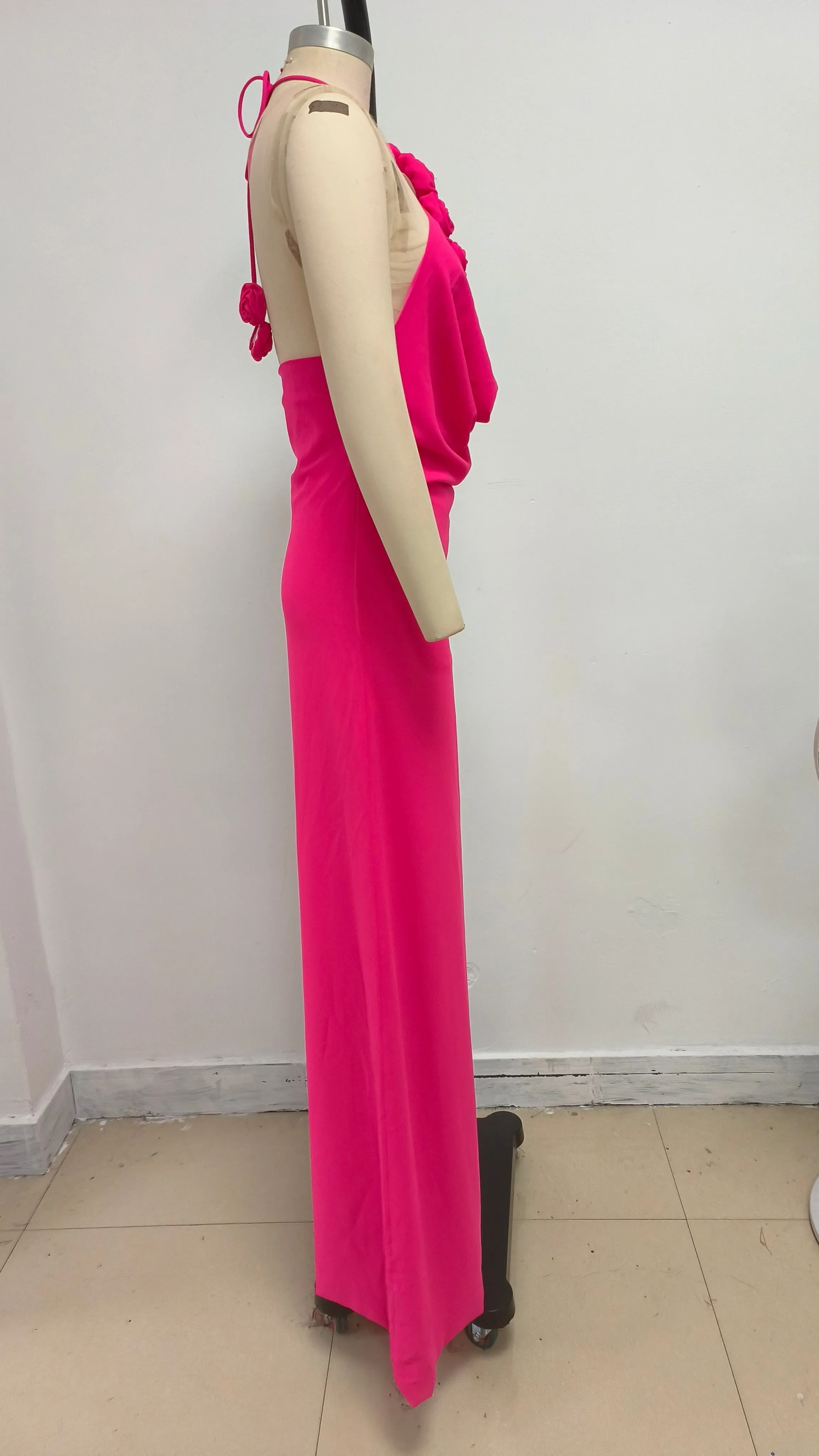 Floral halterneck high collar maxi dress Rose Pink