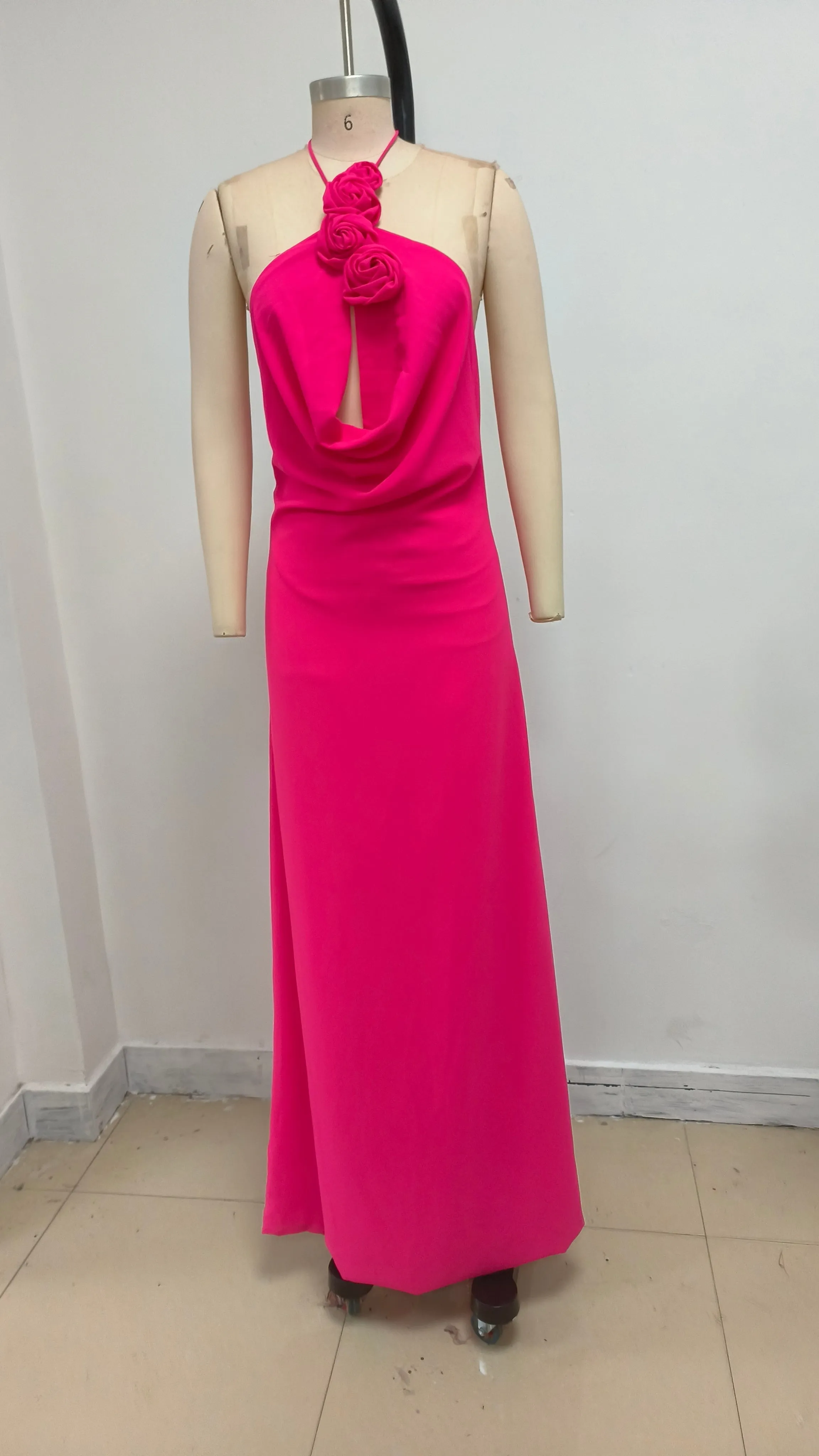 Floral halterneck high collar maxi dress Rose Pink