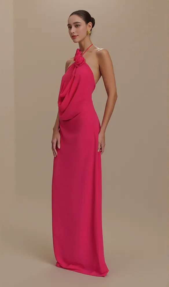 Floral halterneck high collar maxi dress Rose Pink