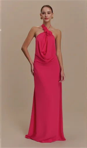 Floral halterneck high collar maxi dress Rose Pink